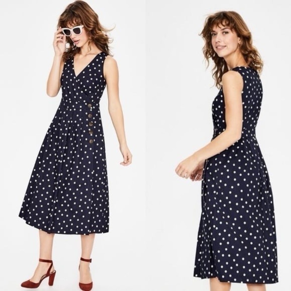Boden Arwen Polka Dot Linen Blend Wrap Style Midi Dress NWT Navy Women’s 6 US